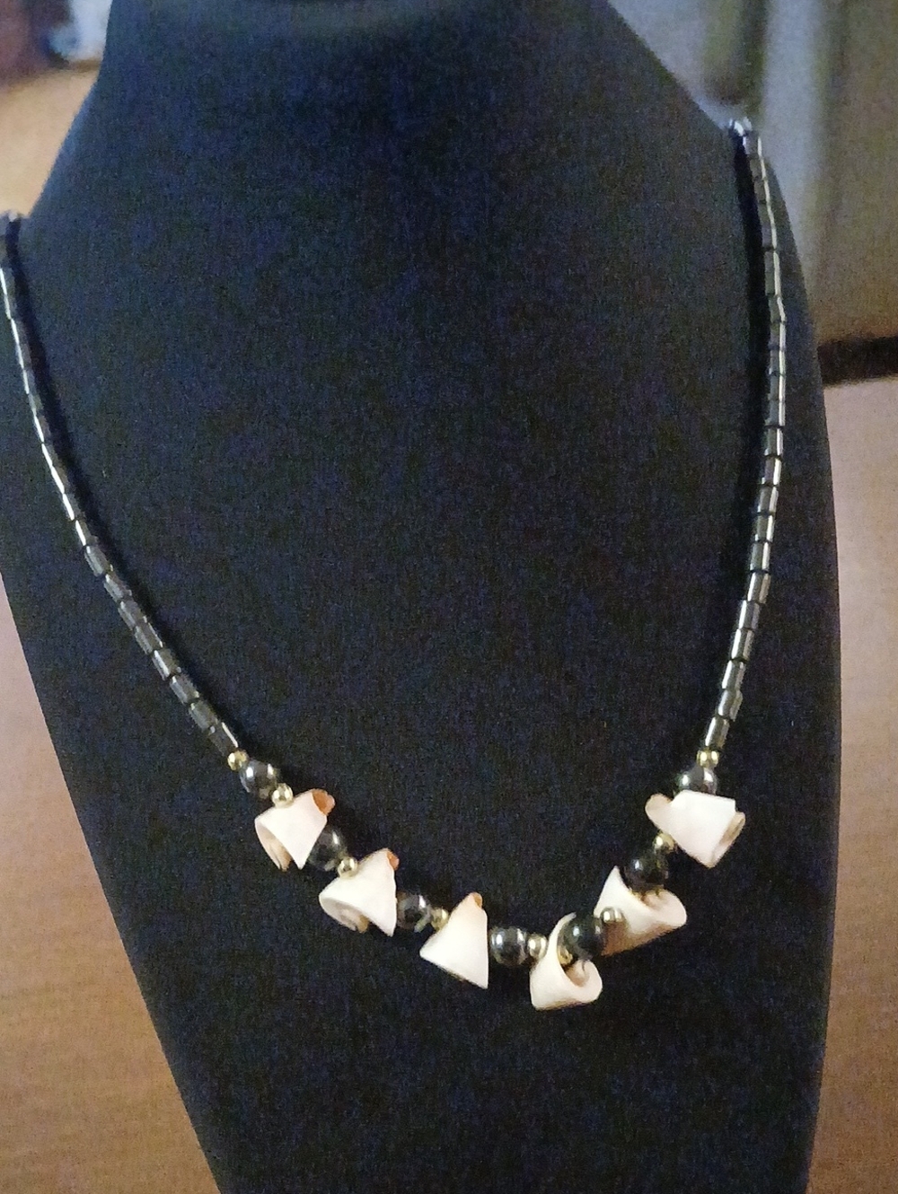 Handcrafted Black and Cream Beaded Shell Necklace 18"
